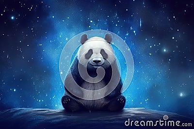 panda sitting under a starry night sky. dark blues and purples for the sky, the panda with a subtle, dream-like effect Stock Photo