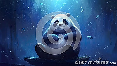 panda sitting under a starry night sky. dark blues and purples for the sky, the panda with a subtle, dream-like effect Stock Photo