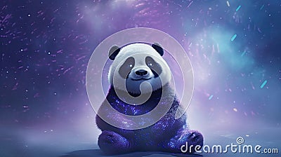 panda sitting under a starry night sky. dark blues and purples for the sky, the panda with a subtle, dream-like effect Stock Photo