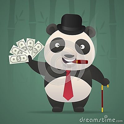 Panda smoking cigar and holds money Vector Illustration