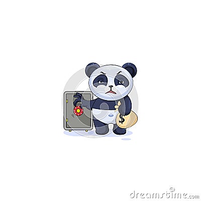 Panda sticker emoticon open safe to hide money Vector Illustration