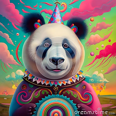 A panda with surreal mystical spirit animal, greeting card. Stock Photo