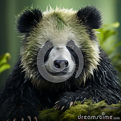 Hyperrealistic Panda Bear Portrait On Tree Stump Stock Photo