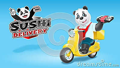 Panda sushi delivery on scooter. Vector clip art illustration Vector Illustration