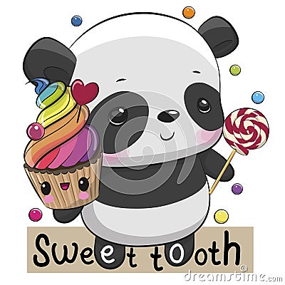 Panda Sweet tooth with Cupcake and lollipop Vector Illustration