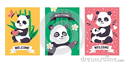 Panda vector bearcat chinese bear with bamboo playing or sleeping illustration backdrop set of giant panda eating Vector Illustration