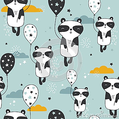 Pandas with air balloons, hand drawn background. Colorful seamless pattern with cute animals, stars, clouds Vector Illustration