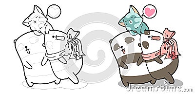 Pandas and cat with good friendship cartoon coloring page for kids Vector Illustration