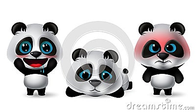 Pandas character vector set. Panda characters 3d avatar in different pose and expressions in hungry, sad, angry, lying, excited. Vector Illustration