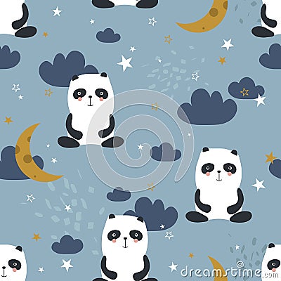 Colorful seamless pattern with happy pandas, moon, stars. Decorative cute background with funny animals, night sky Vector Illustration