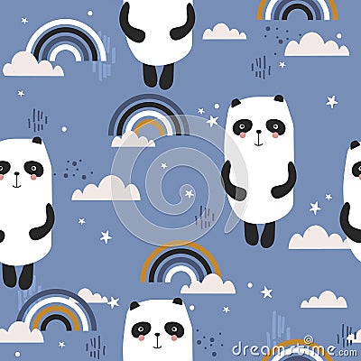 Colorful seamless pattern with happy pandas, rainbow. Decorative cute background with funny animals, sky Vector Illustration