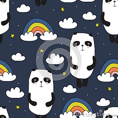 Colorful seamless pattern with happy pandas, rainbow, clouds. Decorative cute background with funny animals, sky Vector Illustration