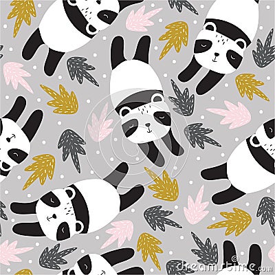 Colorful seamless pattern with happy pandas, leaves. Decorative cute background with funny animals, foliage Vector Illustration