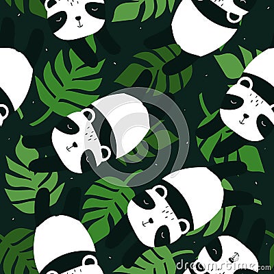 Colorful seamless pattern with happy pandas, palm leaves. Decorative cute background with funny animals, garden Vector Illustration