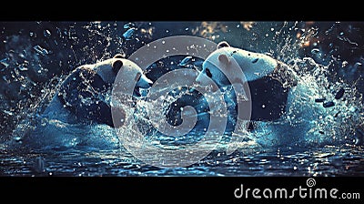 Pandas and polar bears fighting in water, symbolizing the comparison between Pandas and Polaris data analysis packages. Stock Photo