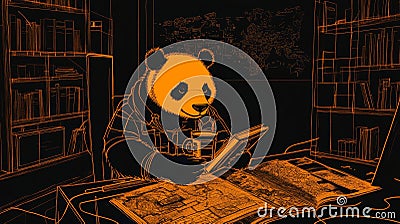 With the Pandas Python package, a panda bear is studying data with books, a cup, and a world map. Stock Photo
