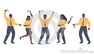 Pandemic end. Black people are dancing from happiness. Five adults take off their face mask Vector Illustration