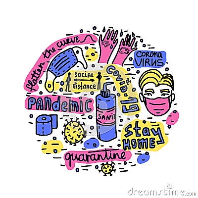 Pandemic epidemic coronavirus quarantine vector lettering doodle Vector Illustration