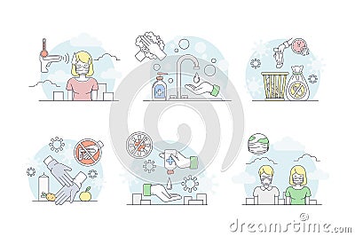 Pandemic with Hand Sanitizing, Temperature Measuring and Mask Wearing Line Vector Set Vector Illustration