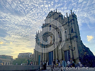 Colonial Macau Portuguese Cathedral Monte Fort Macao Tourism Ruins of St Paul Chapel Church Facade St. Paul's Ruins Sunset Editorial Stock Photo