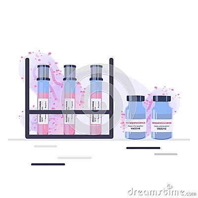 Pandemic Monkeypox outbreak. Blood sample tube for Monkeypox virus test, vaccine and flasks with a virus in the laboratory. Vector Illustration