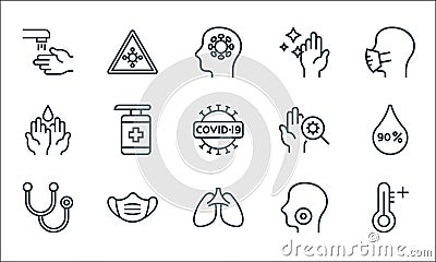 Pandemic novel virus line icons. linear set. quality vector line set such as thermometer, lungs, stethoscope, sore throat, face Vector Illustration