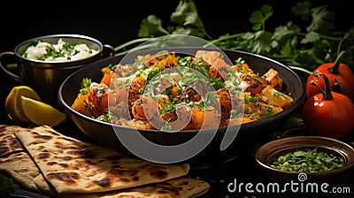 Paneer Sabji or Curry with Two Chappati in Plate on Blurry Background Image Stock Photo
