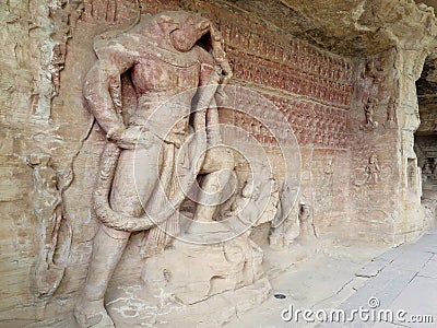 Panel in Cave 5 of the Udayagiri Caves, Madhya Pradesh, India, depicting the legend of Vishnu in his incarnation as the man-boar Stock Photo