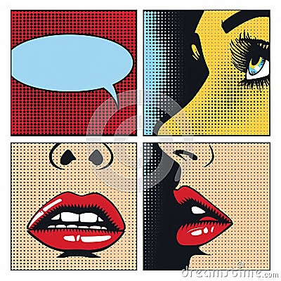 comic strip style artwork showing close-ups of a people's shocked expression and empty speech bubbles with halftone detail Cartoon Illustration