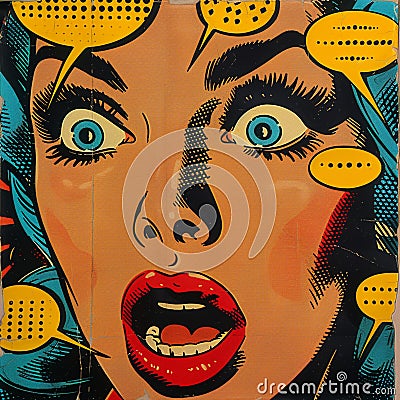 comic strip style artwork showing close-ups of a people's shocked expression and empty speech bubbles with halftone detail Cartoon Illustration