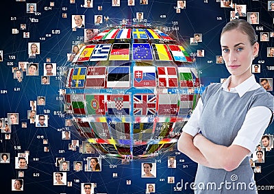 panel with flags on a ball and photo connection background. serious business woman Stock Photo