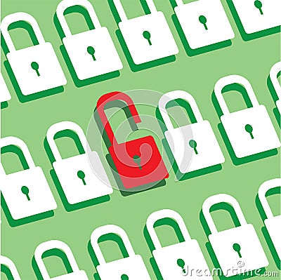 Panel of locks with one lock unlocked Security symbol Vector Illustration