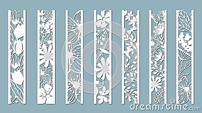 Panels with floral pattern. Flowers and leaves. Laser cut. Set of bookmarks templates. Image for laser cutting, plotter cutting or Vector Illustration