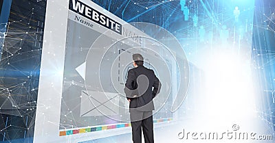 panels with websites corridor. business man looking to one of them Stock Photo