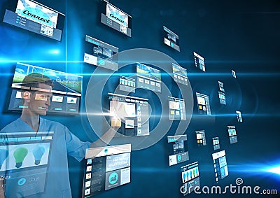 panels with websites(dark) in dark blue background. Man doing things on it Stock Photo