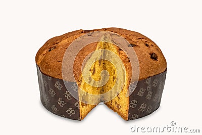 Panettone with marron glace, italian cake, with the cuts of a slice, Stock Photo