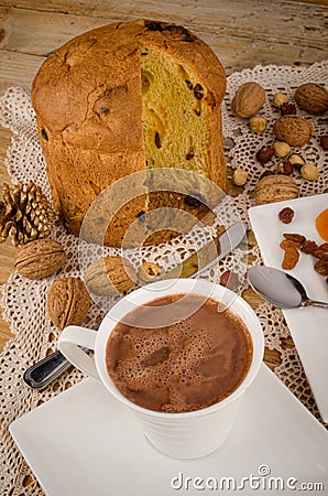 Panettone pastry with hot chocolate Stock Photo