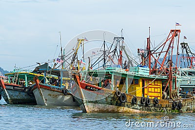 Fisherman boats anchored at Pangkor jetty. Editorial Stock Photo