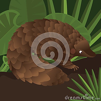 Pangolin between leaf in forest drawing illustration Vector Illustration