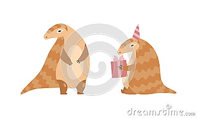 Pangolin or Scaly Anteater with Clawed Paw Standing and Holding Gift Box Vector Set Vector Illustration