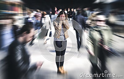 Panic attack in public place. Woman having panic disorder. Stock Photo