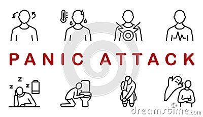 Panic attack symptoms rectangular banner with flat line icon. Vector illustration psychological illness characterized by Vector Illustration