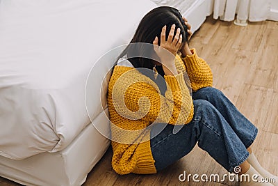 panic attacks alone young girl sad fear stressful depressed emotional.crying use hand cover face begging help.stop abusing Stock Photo