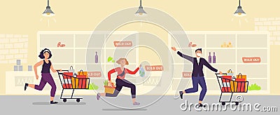 Panic buying. People run with full cart at supermarket Vector Illustration