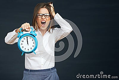 Panic on deadline time in business. Business woman emotional portrait Stock Photo