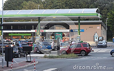 Sept 26 2021 UK Panicked motorists are causing lengthy queues at petrol stations across the UK for a third day Editorial Stock Photo