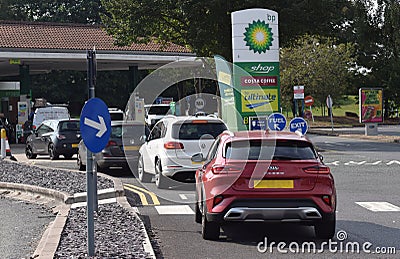 Sept 26 2021 UK Panicked motorists are causing lengthy queues at petrol stations across the UK for a third day Editorial Stock Photo