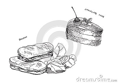 Panini and cake chocolate line drawing Stock Photo