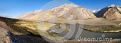 Panj river and Hindukush mountains panoramic view Stock Photo