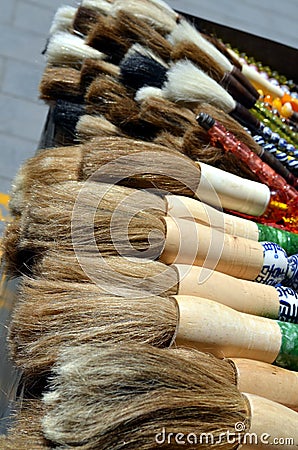 Panjiayuan market beijing China Calligraphy chinese brushes pens with decorations on sales at the market different style different Stock Photo